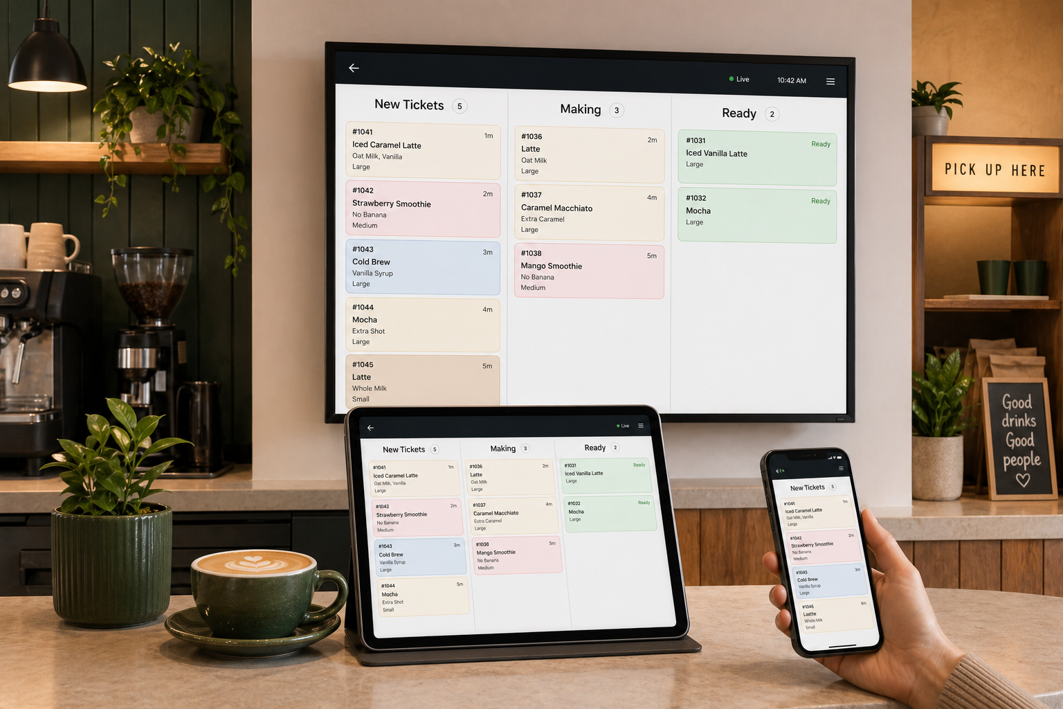 DrinkFlow KDS shown across a wall display, tablet, and phone at a drink counter