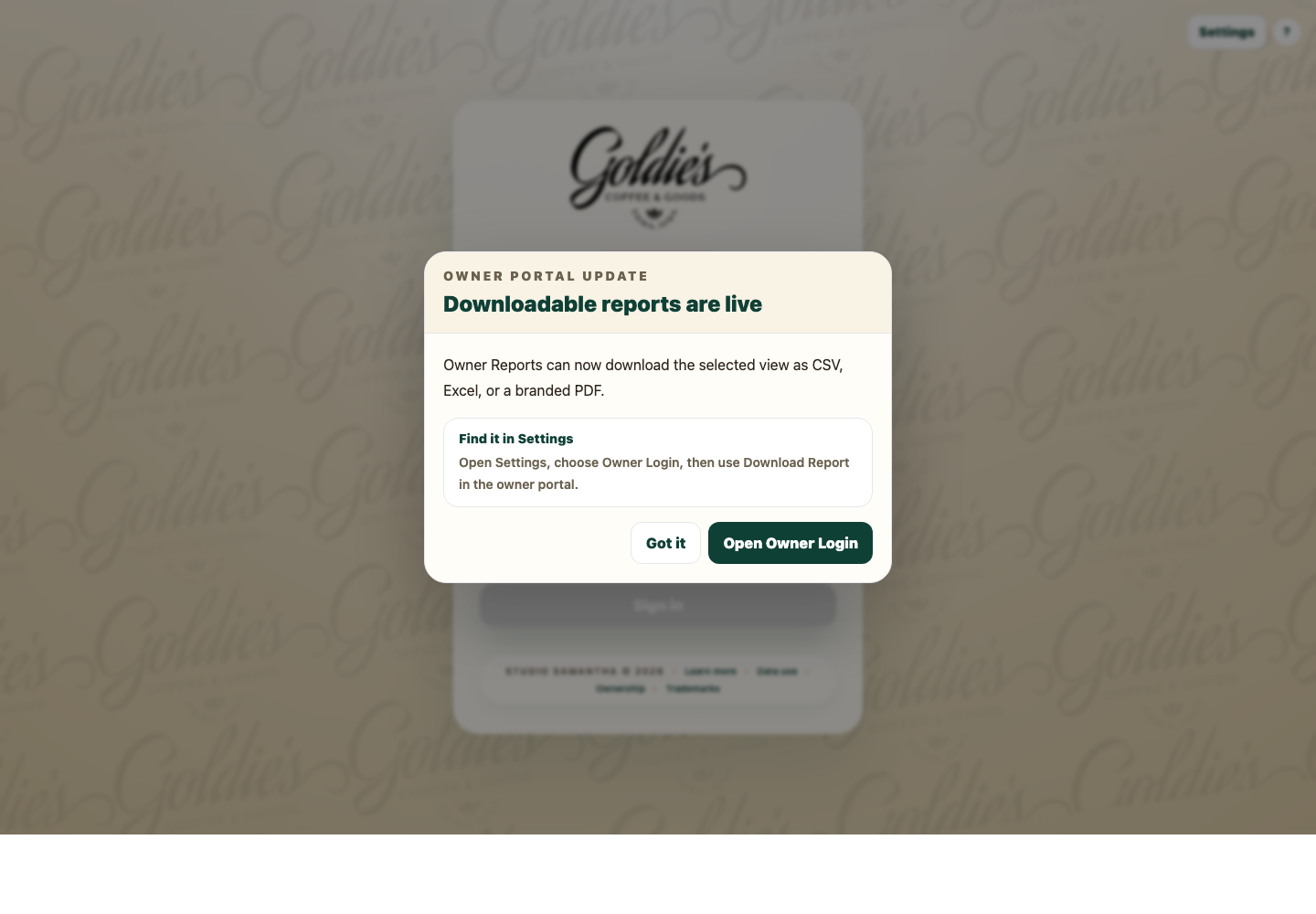 Goldie's branded DrinkFlow owner portal with green and gold styling